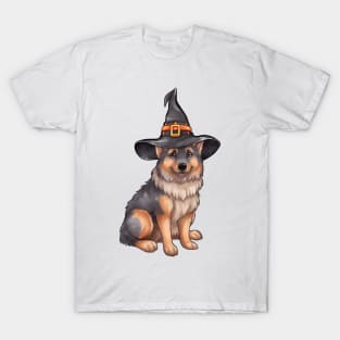 Watercolor German Shepherd Dog in Witch Hat T-Shirt